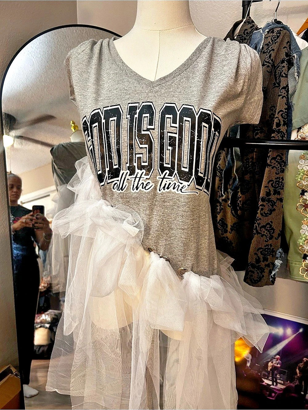 One of a Kind Graphic Tulle Mini Dress in Gray & White Like New